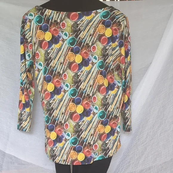 Peck & Peck Graphic Blue and Orange 3/4 Sleeve Blouse And Black crops - Picture 4 of 7